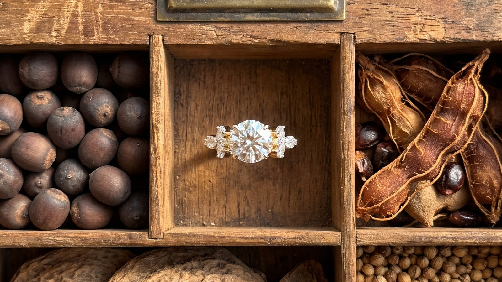 A large round diamond solitaire in an old wooden spice drawer