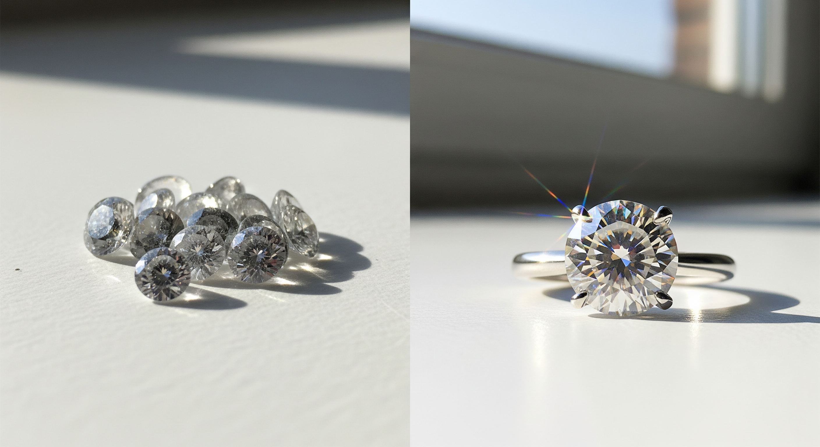 Split comparison: dull cubic zirconia stones (left) versus a brilliant IGI-certified lab-grown diamond solitaire ring (right)