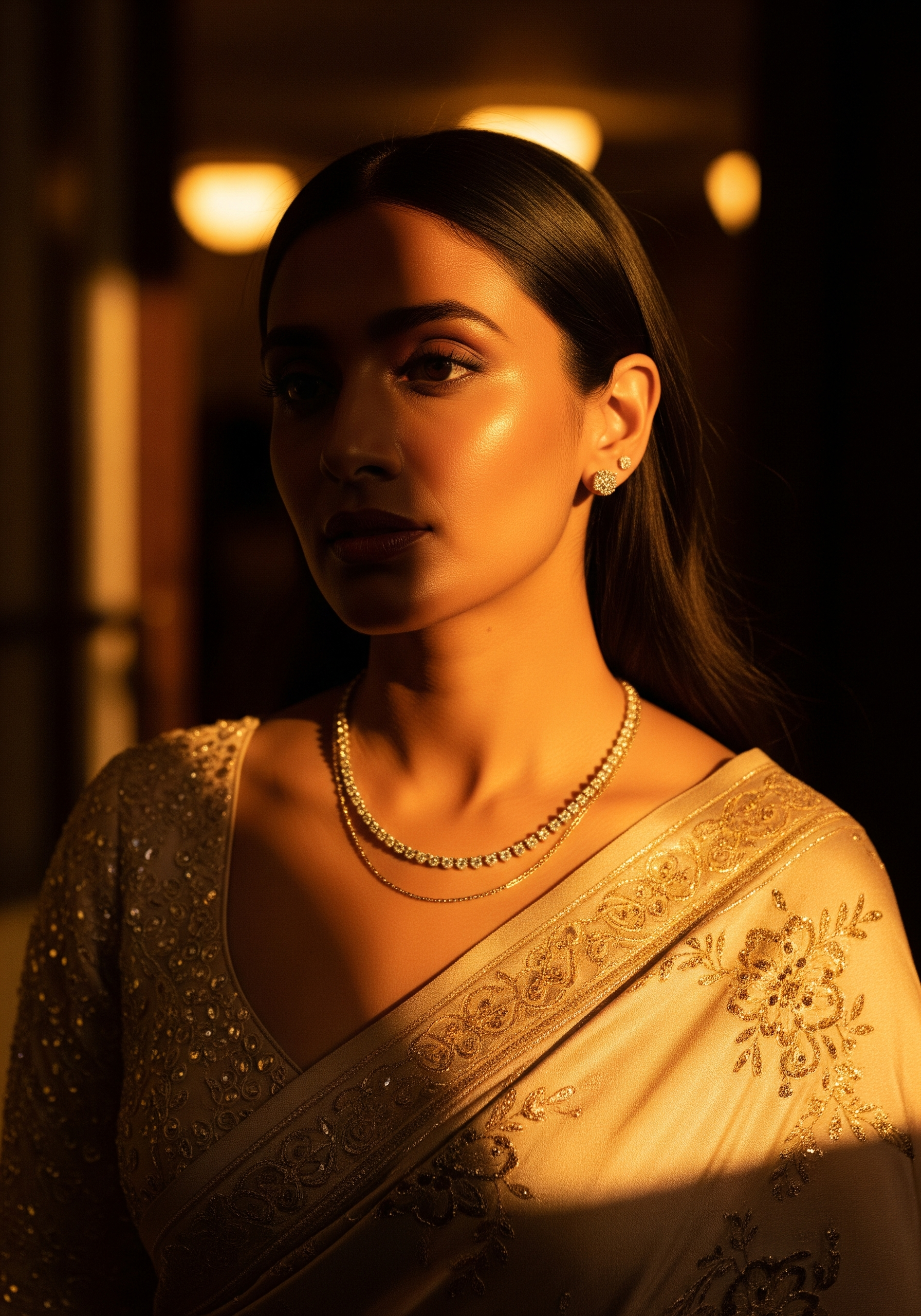 Elegant woman in a cinema lobby wearing a statement lab-grown diamond necklace and earrings