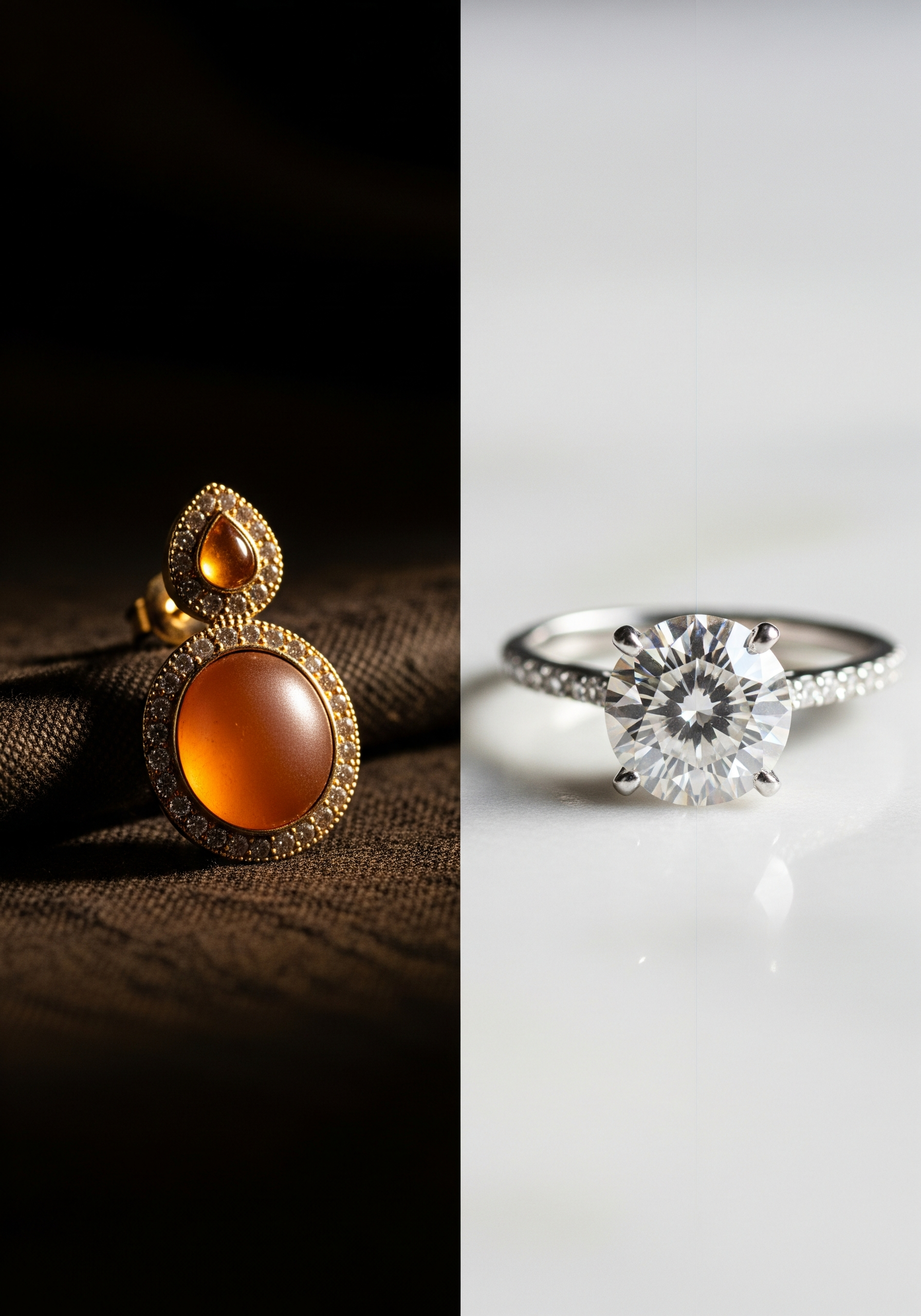 Split-image showing an ornate Polki diamond piece beside a precise IGI-certified lab-grown diamond ring
