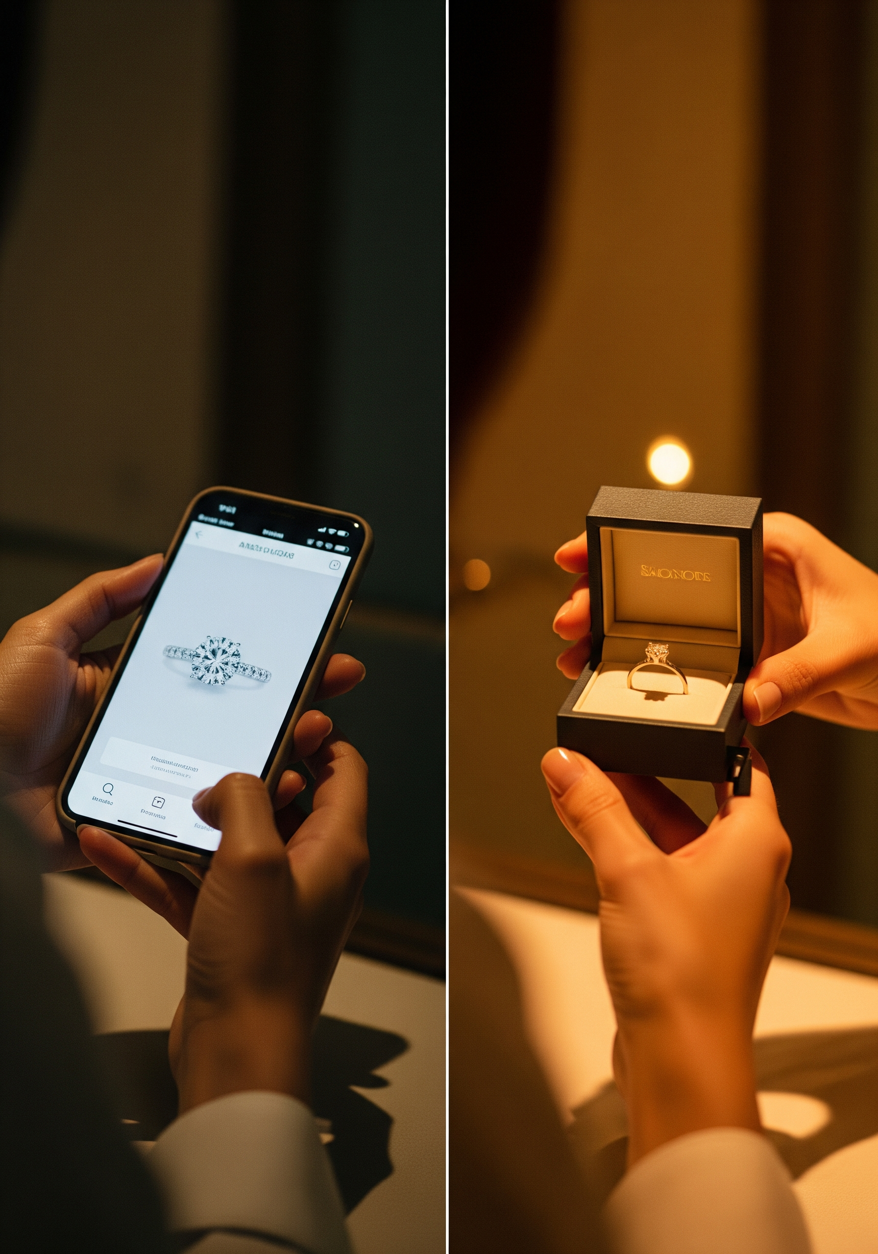 Woman comparing a lab-grown diamond ring in a bright Nivara showroom with warm consultative lighting