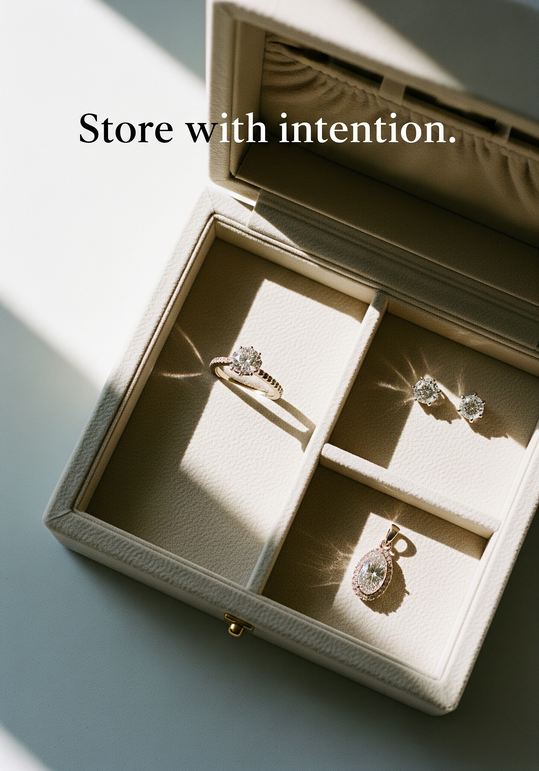Open jewellery box with compartments neatly storing a lab-grown diamond ring and earrings on velvet