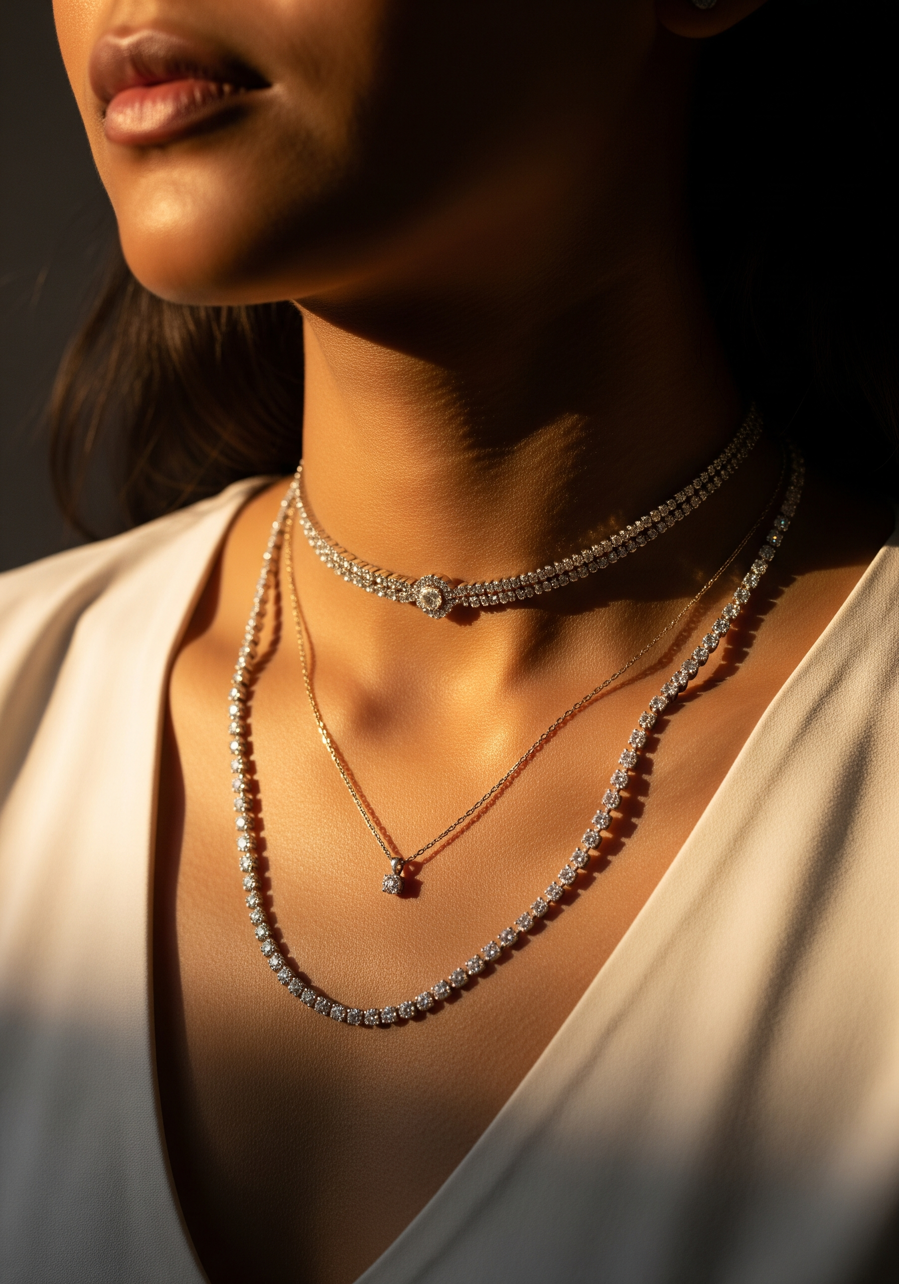 Woman wearing three layered lab-grown diamond necklaces of varying lengths against a warm cream blouse