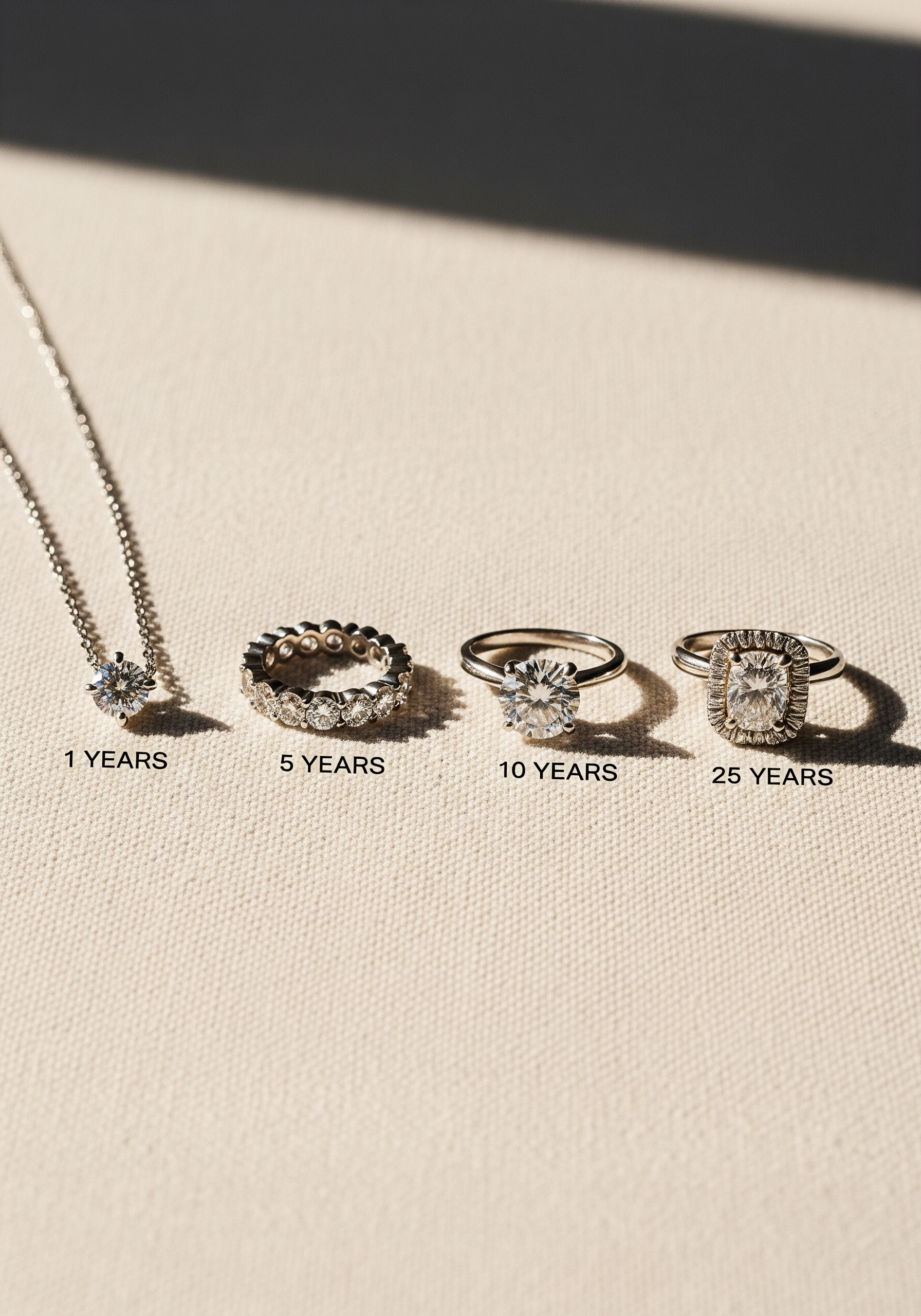 Progressive row of lab-grown diamond jewellery pieces representing milestone anniversary years