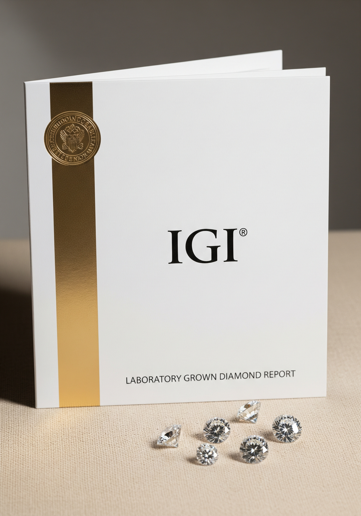IGI Laboratory Grown Diamond Report certificate with gold stripe and circular seal, surrounded by loose round brilliant lab-grown diamonds