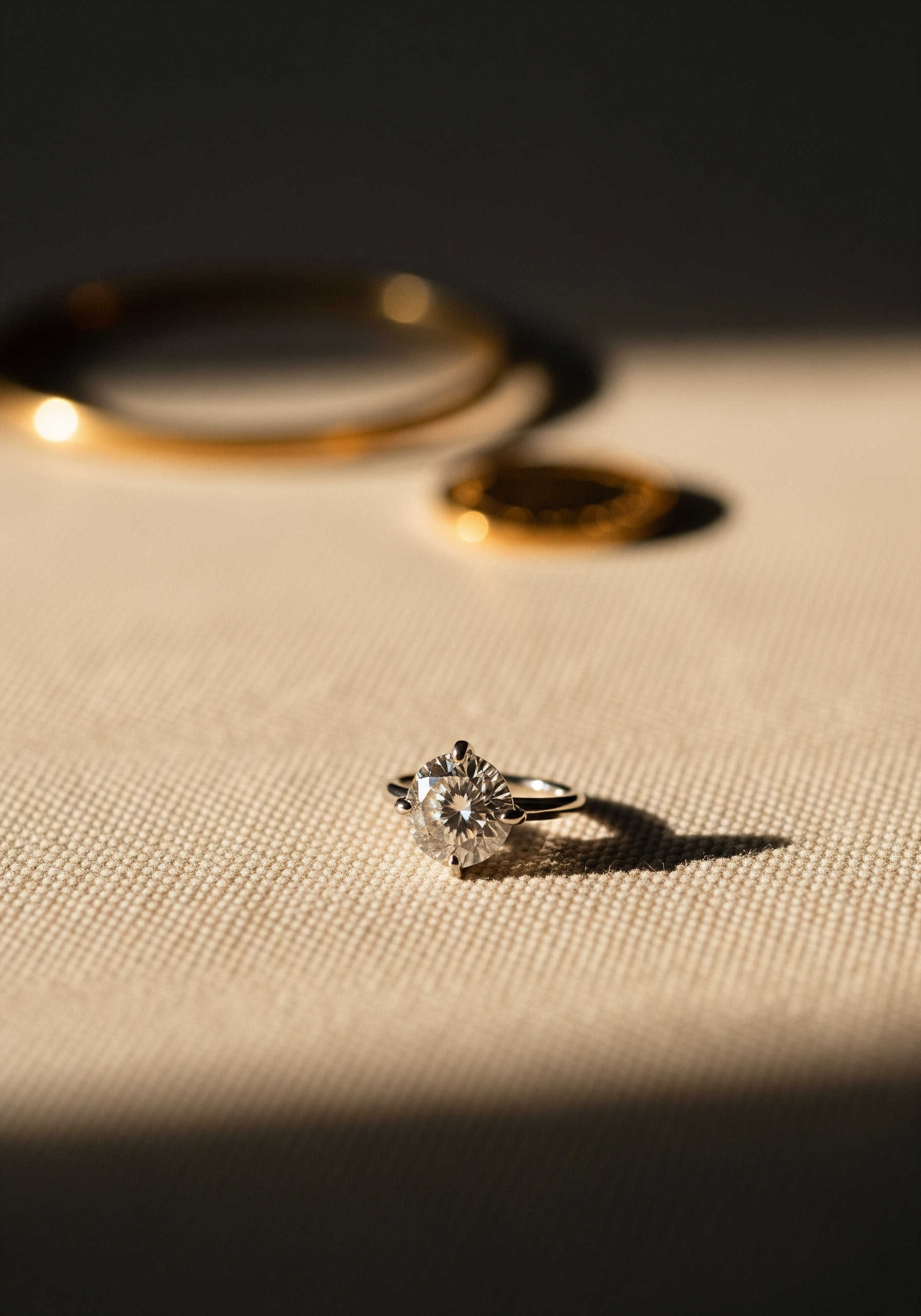 Lab-grown diamond solitaire ring in focus on cream linen, gold bangle softly blurred in background