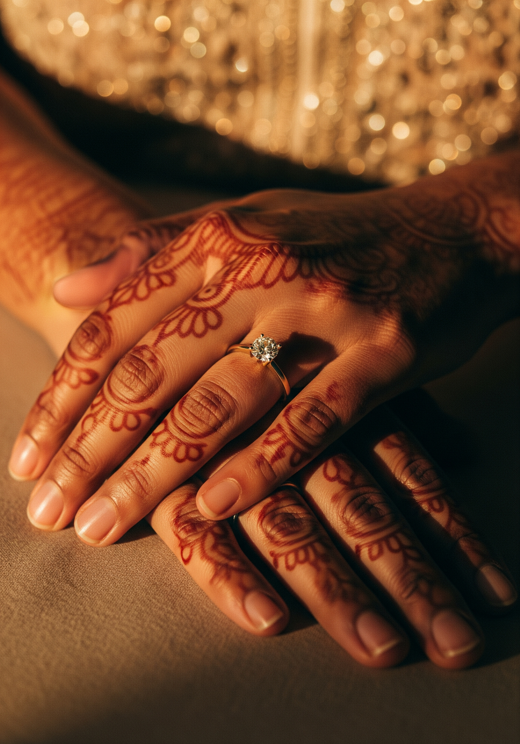 Indian bride hands with intricate mehendi wearing a lab-grown diamond solitaire engagement ring in warm golden light