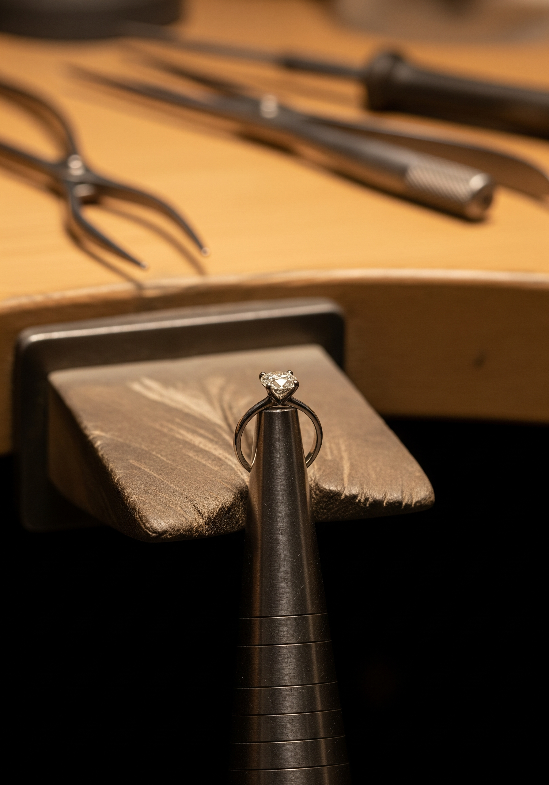 Jeweller carefully resizing a delicate diamond ring at a well-lit workbench