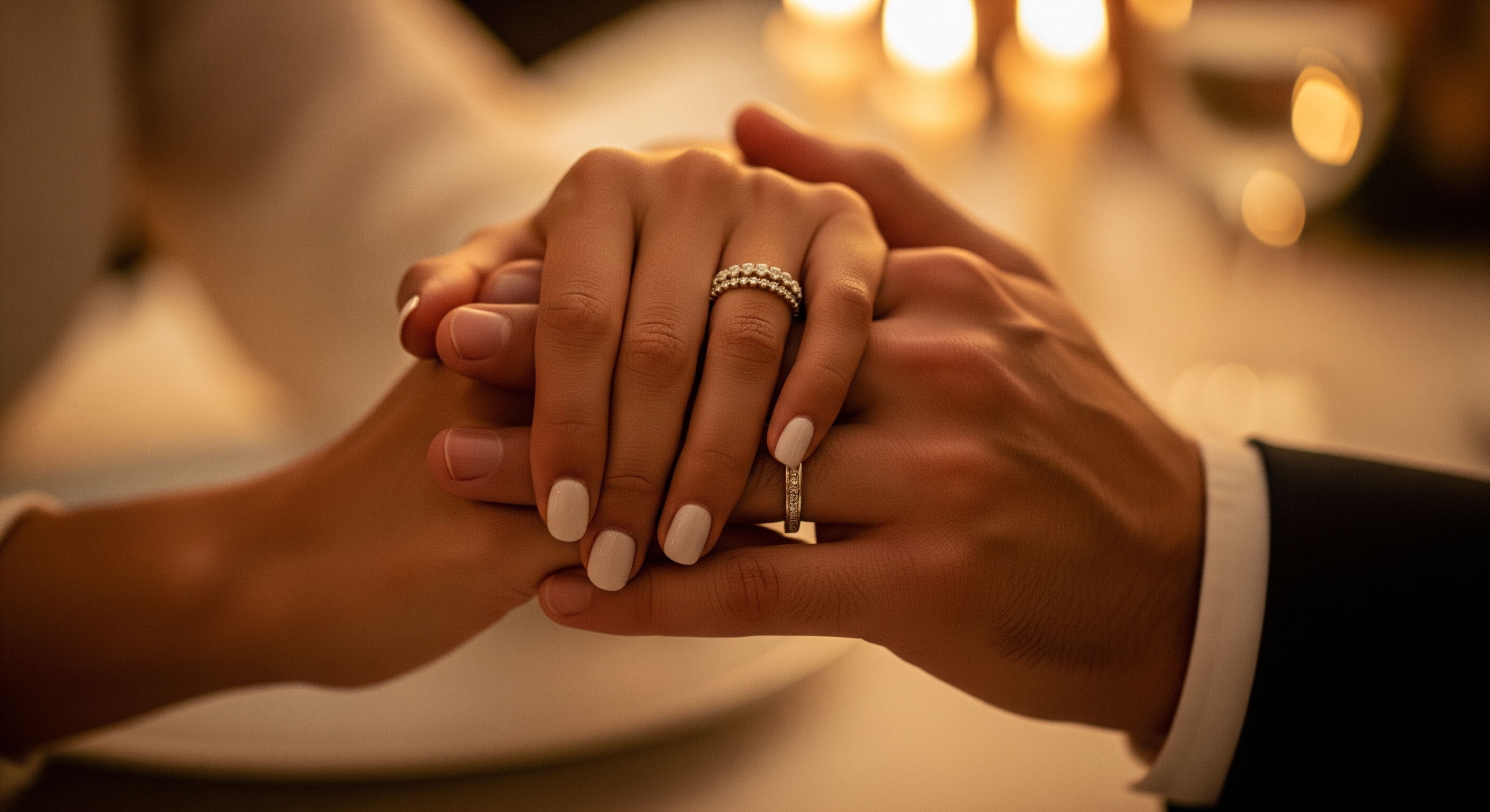 Couple holding hands at candlelit dinner, woman wearing a lab-grown diamond eternity band