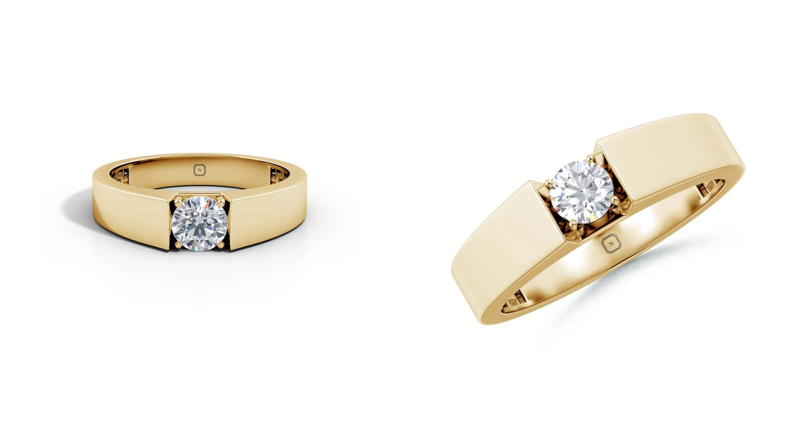 A pair of Nivara lab grown diamond couple rings in yellow gold, hers and his, each a round diamond between the squared ends of a flat band
