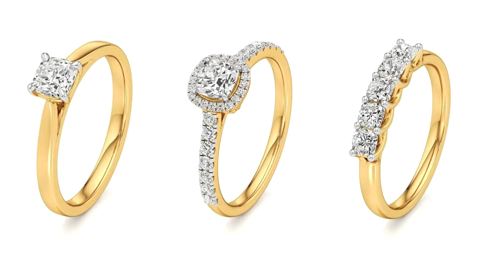 Three Nivara cushion cut lab grown diamond rings: a solitaire, a halo and a row of cushions