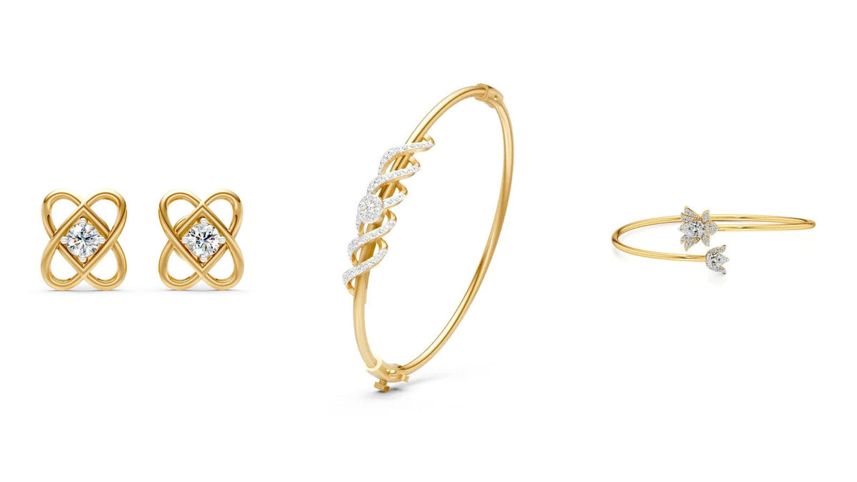 Nivara lab grown diamond jewellery for Dhanteras: gold wire studs, a twist kada and a floral bangle