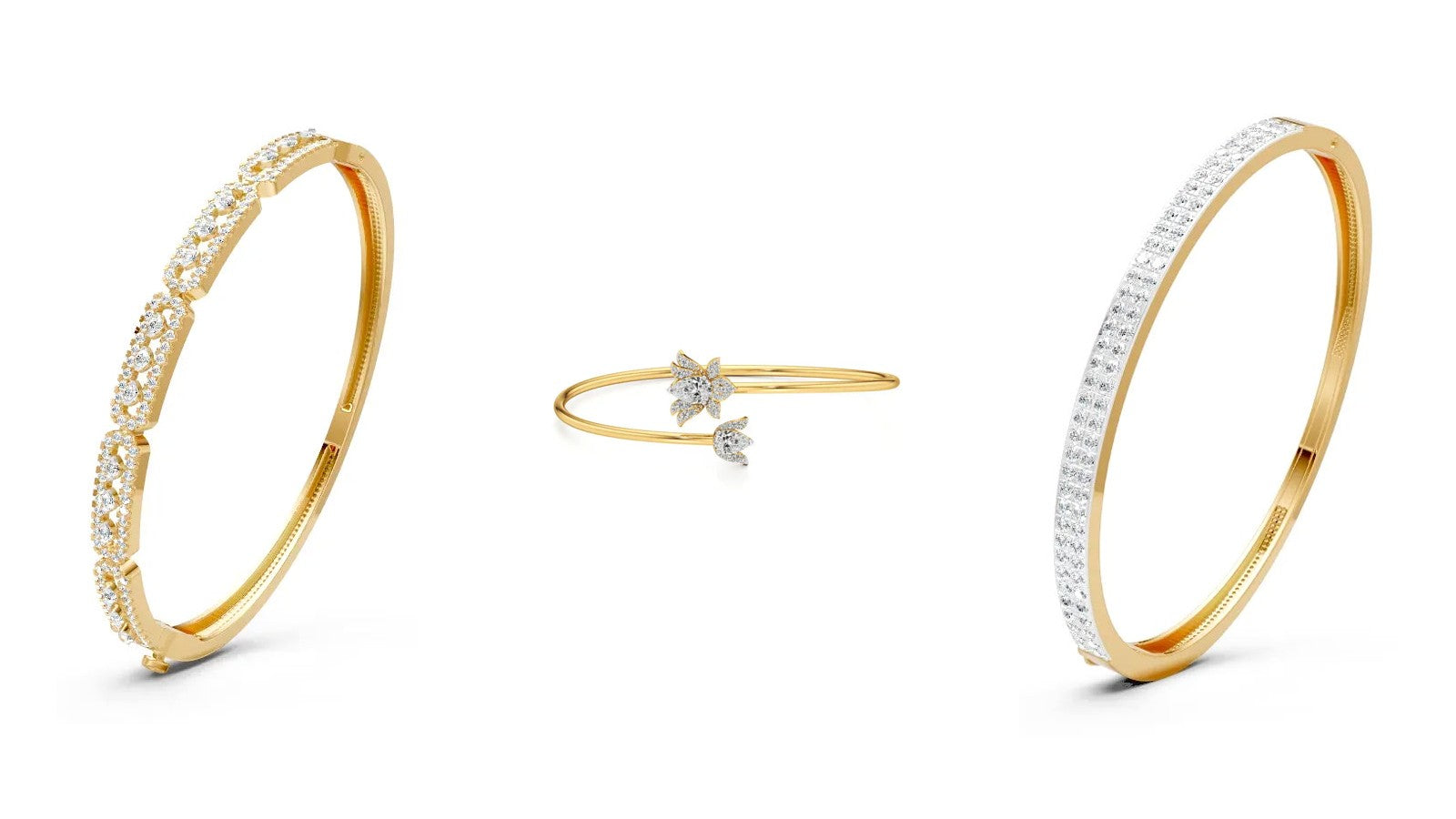 Nivara lab grown diamond bangles: a gold kada with scalloped diamond sections, an open floral bangle and a bangle set with rows of small diamonds