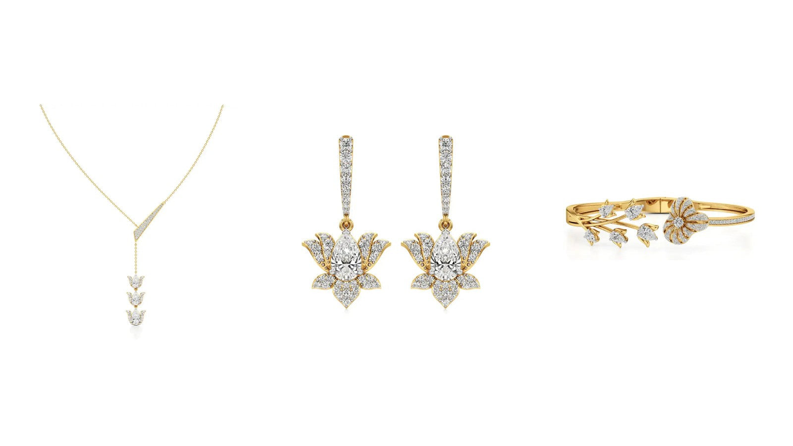 Nivara lab grown diamond bridal jewellery: a lotus lariat necklace, lotus earrings and a lotus bangle in gold