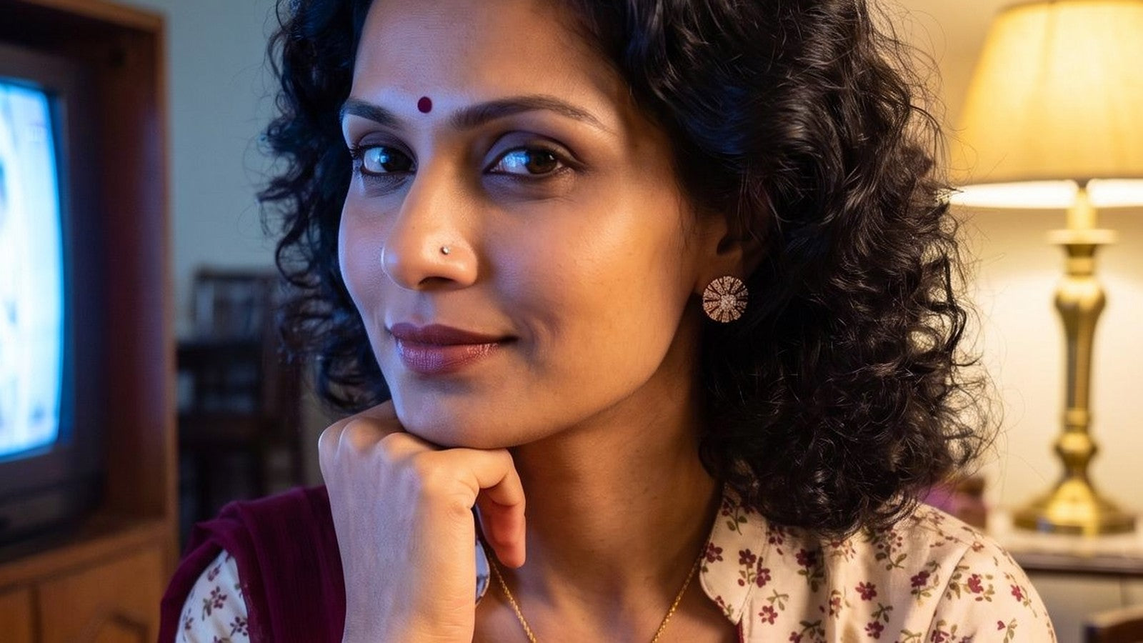 A woman at home in a printed kurta, smiling, wearing a diamond pendant and stud earrings