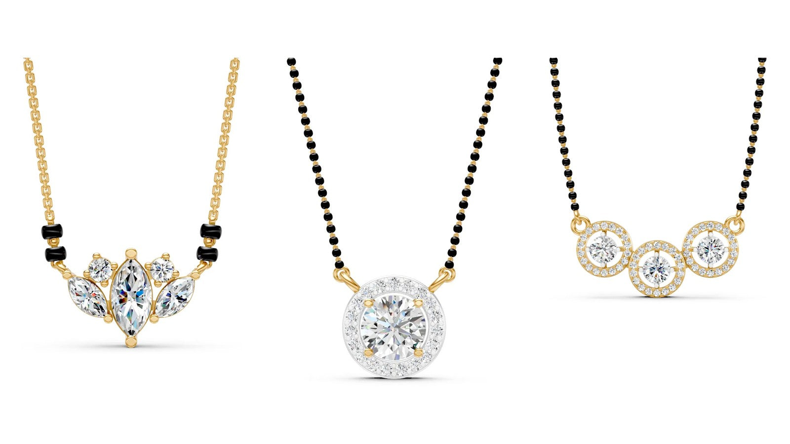 Three Nivara lab grown diamond mangalsutras from light to statement: Flora Lumenleaf, Sol Sunline and Mira Halo Solitaire