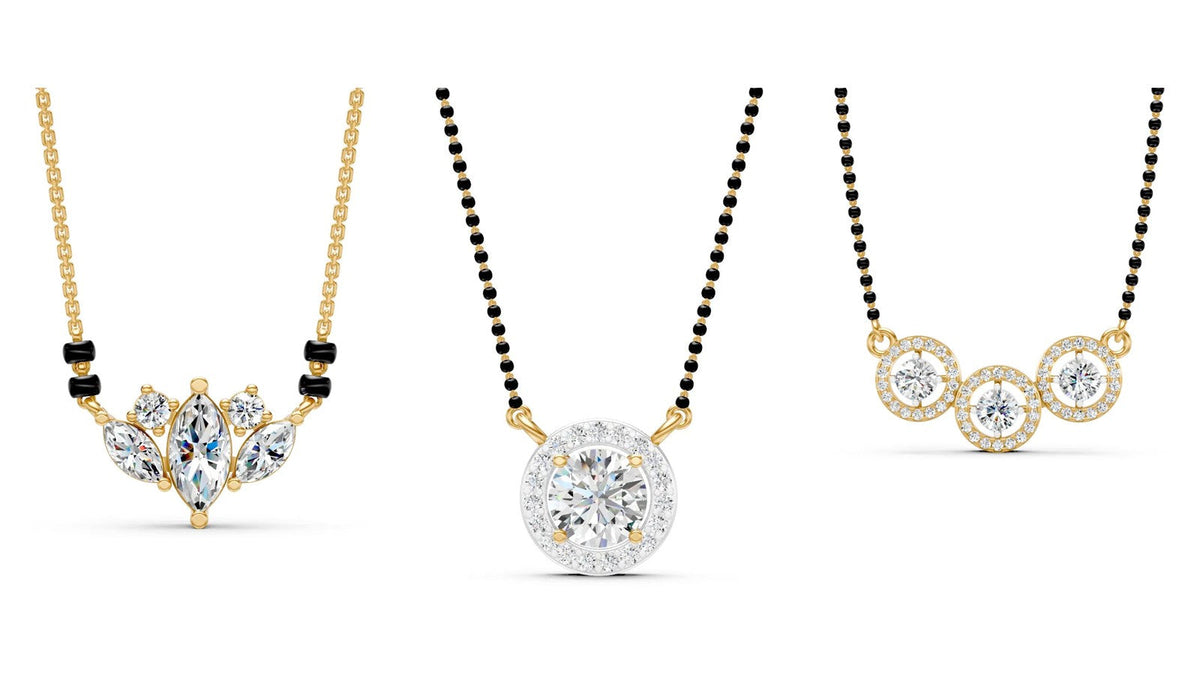 Three Nivara lab grown diamond mangalsutras from light to statement: Flora Lumenleaf, Sol Sunline and Mira Halo Solitaire