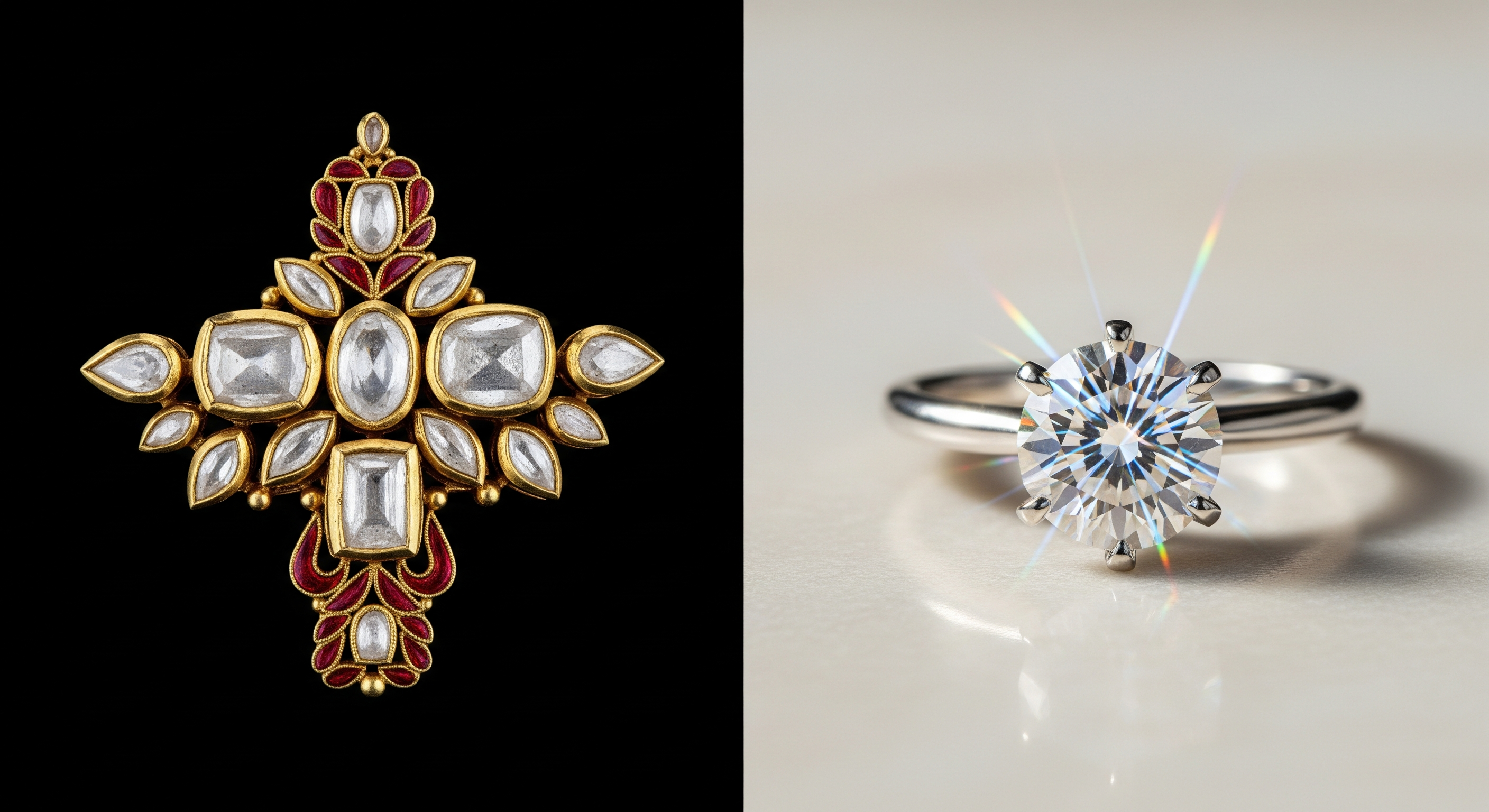 Split editorial: polki diamond jewellery in 22K gold with meenakari work (left) versus a modern lab-grown diamond solitaire ring (right)