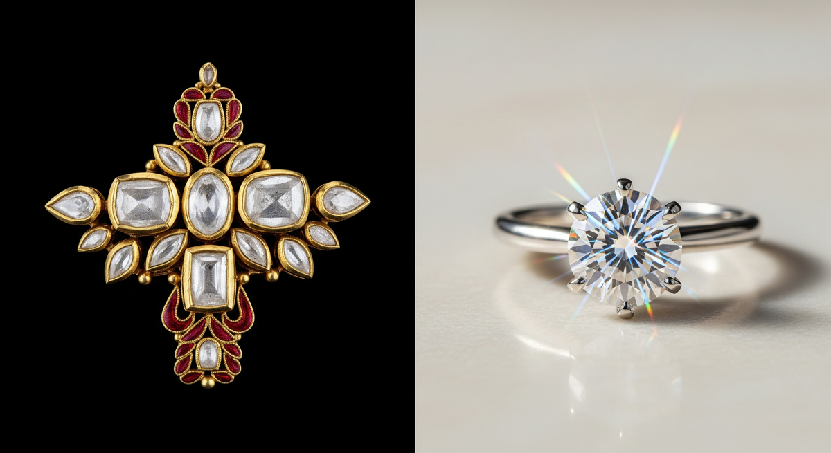 Split editorial: polki diamond jewellery in 22K gold with meenakari work (left) versus a modern lab-grown diamond solitaire ring (right)