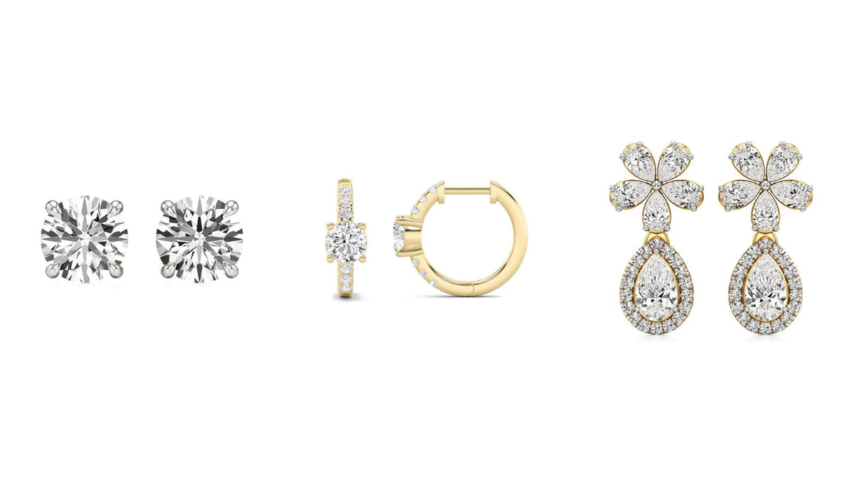 Nivara lab grown diamond earrings: round solitaire studs, a round centre hoop and a flower drop