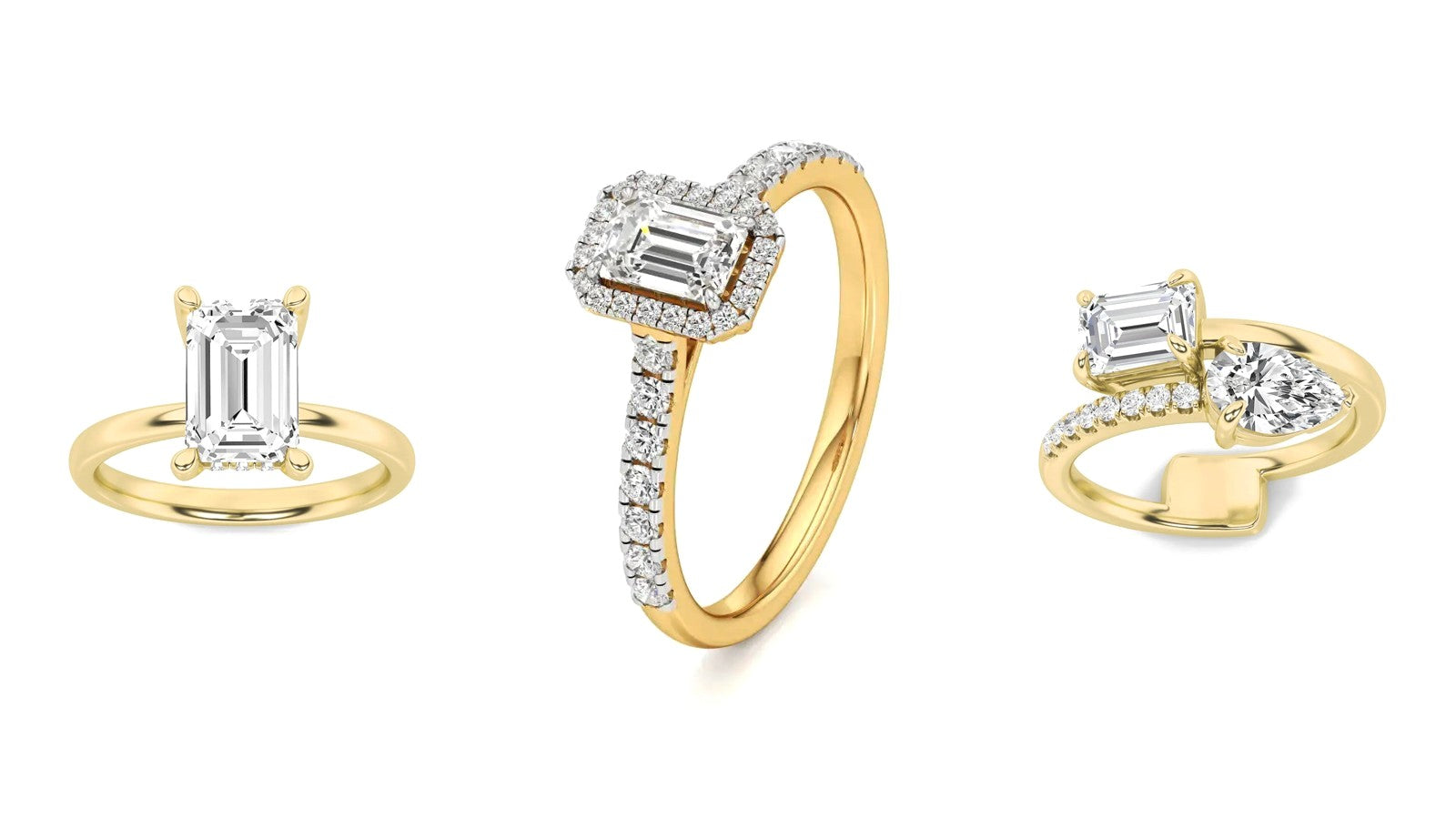 Three Nivara emerald cut lab grown diamond engagement rings: a hidden halo solitaire, a halo and a toi et moi