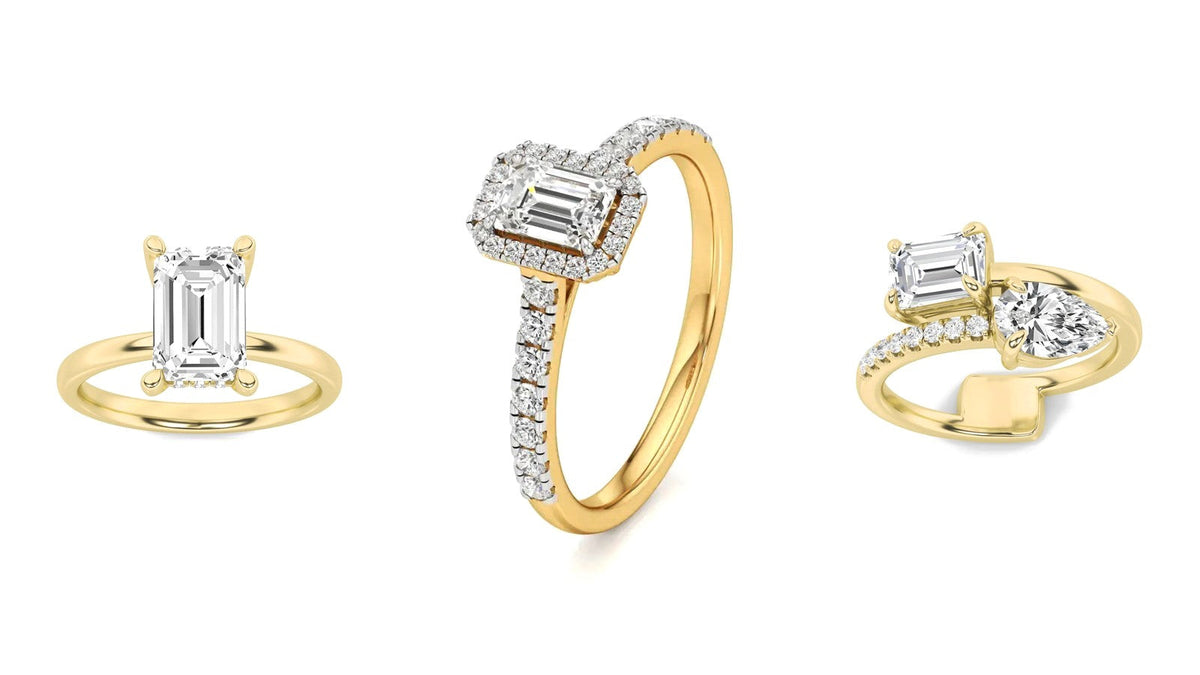 Three Nivara emerald cut lab grown diamond engagement rings: a hidden halo solitaire, a halo and a toi et moi