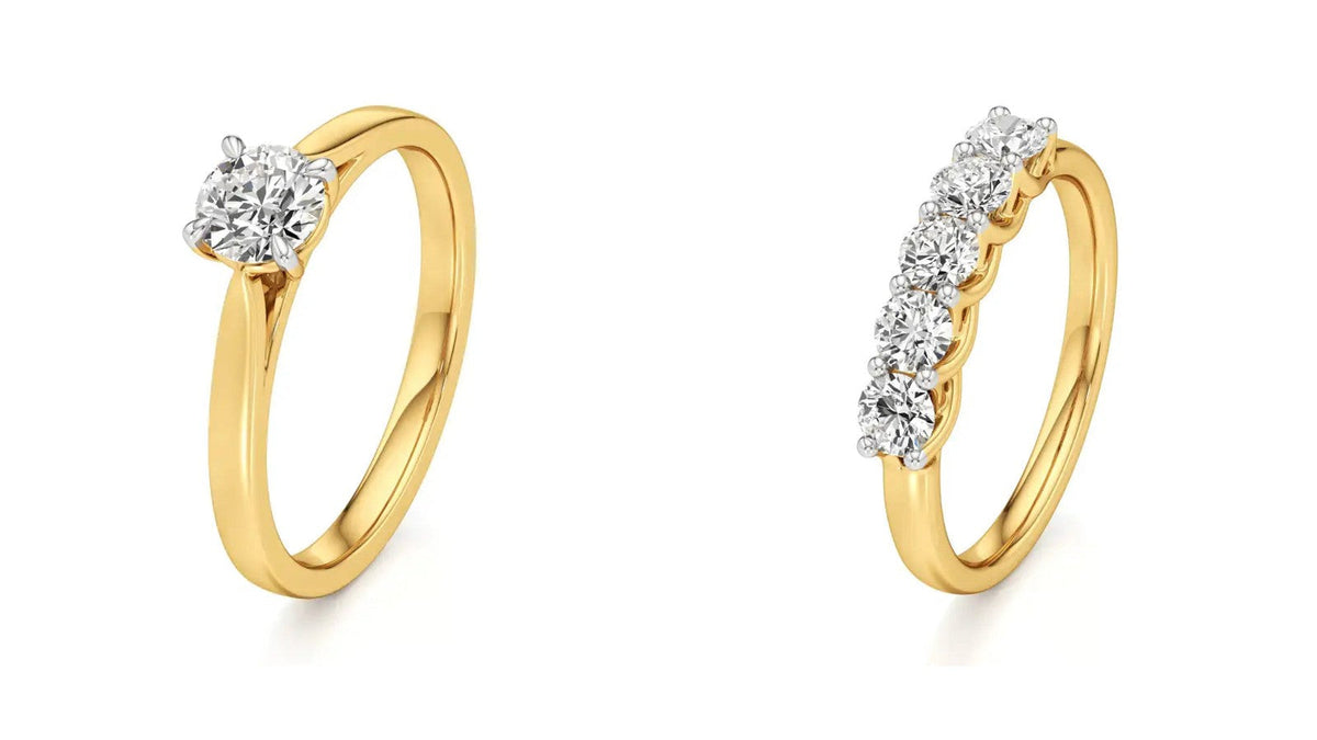 A Nivara lab grown diamond solitaire engagement ring beside a diamond wedding band