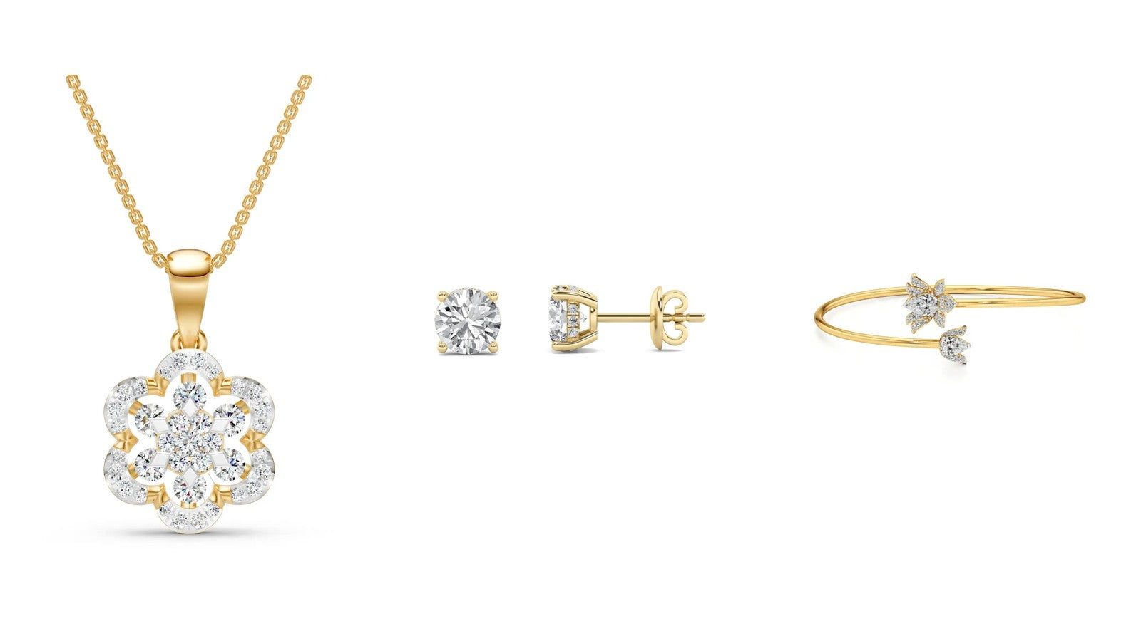 Nivara lab grown diamond gifts for a mother: a flower pendant, solitaire studs and a flower bangle