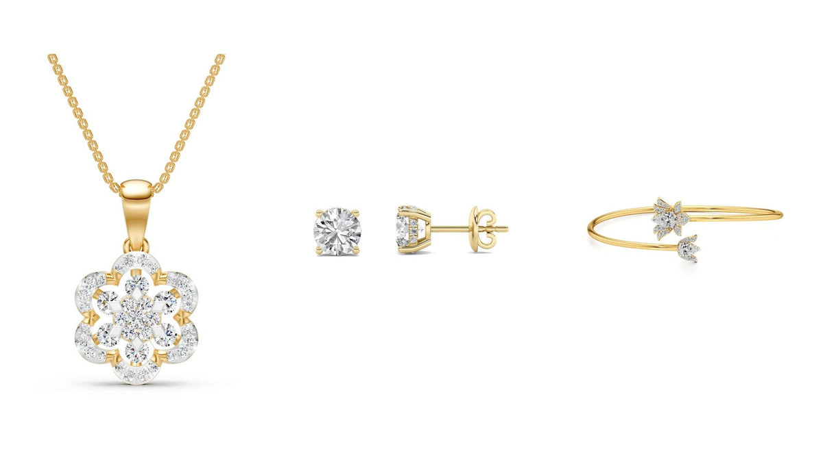 Nivara lab grown diamond gifts for a mother: a flower pendant, solitaire studs and a flower bangle