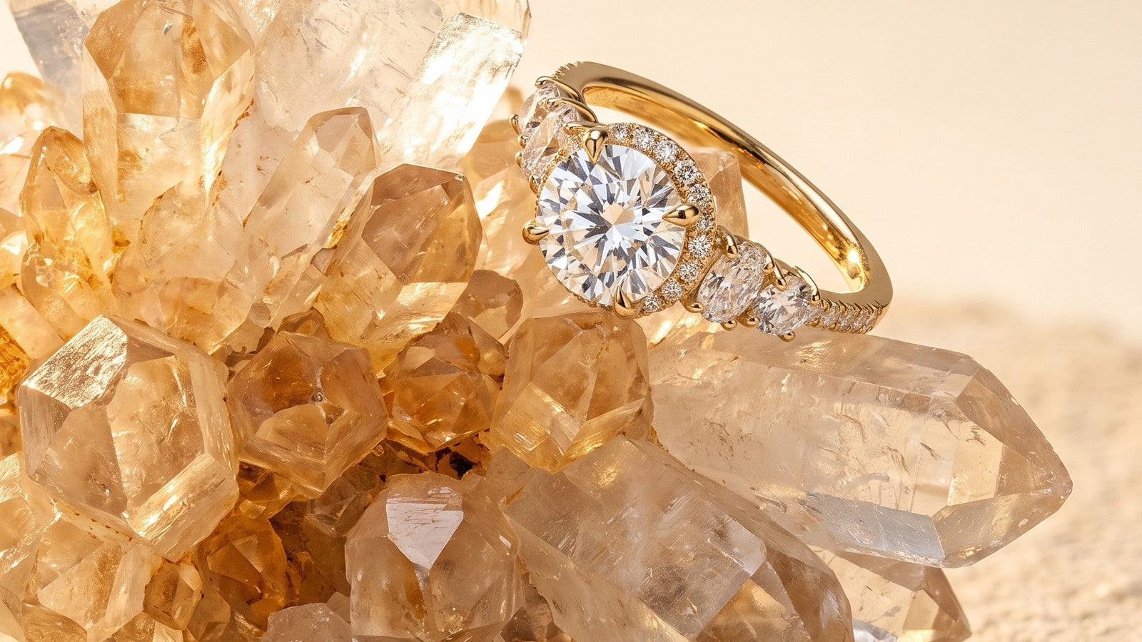 A halo diamond engagement ring resting on a citrine crystal cluster