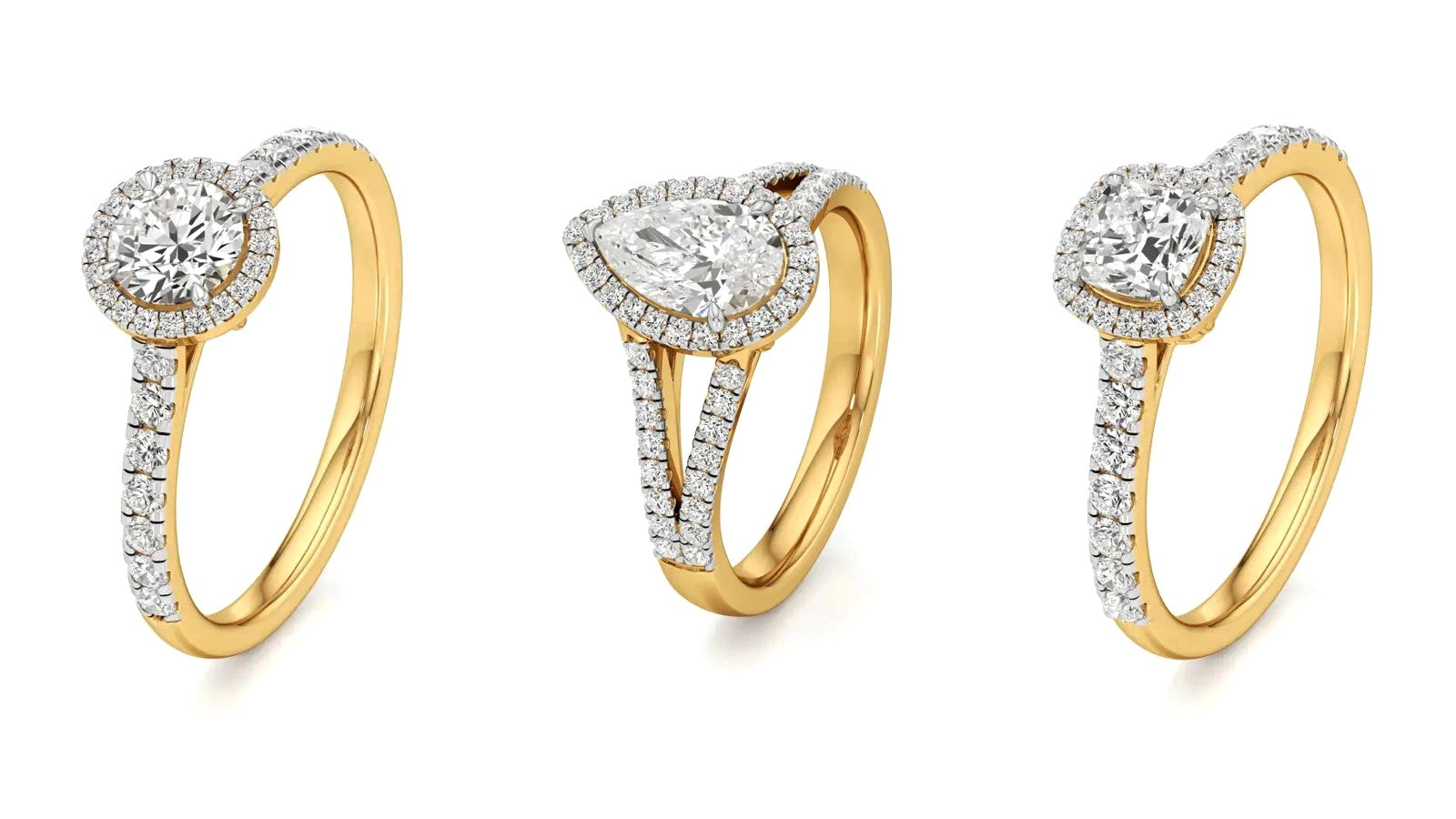 Three Nivara lab grown diamond halo engagement rings: a round, a pear and a cushion