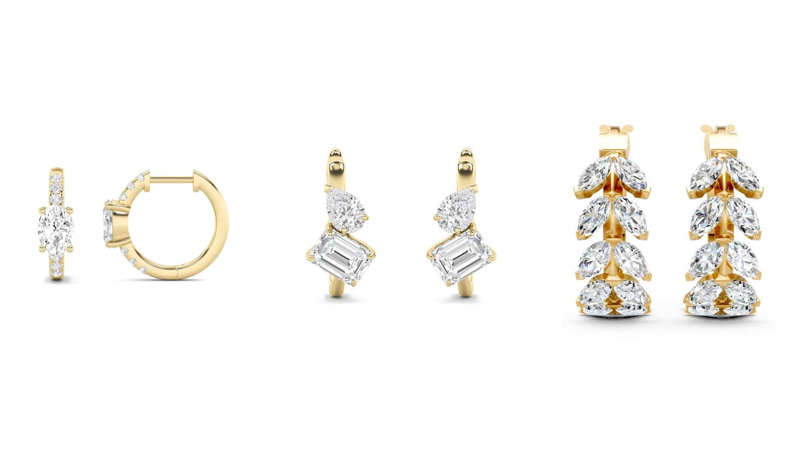 Nivara lab grown diamond hoops: oval centre hoops, toi et moi hoops and marquise Goldenhour hoops