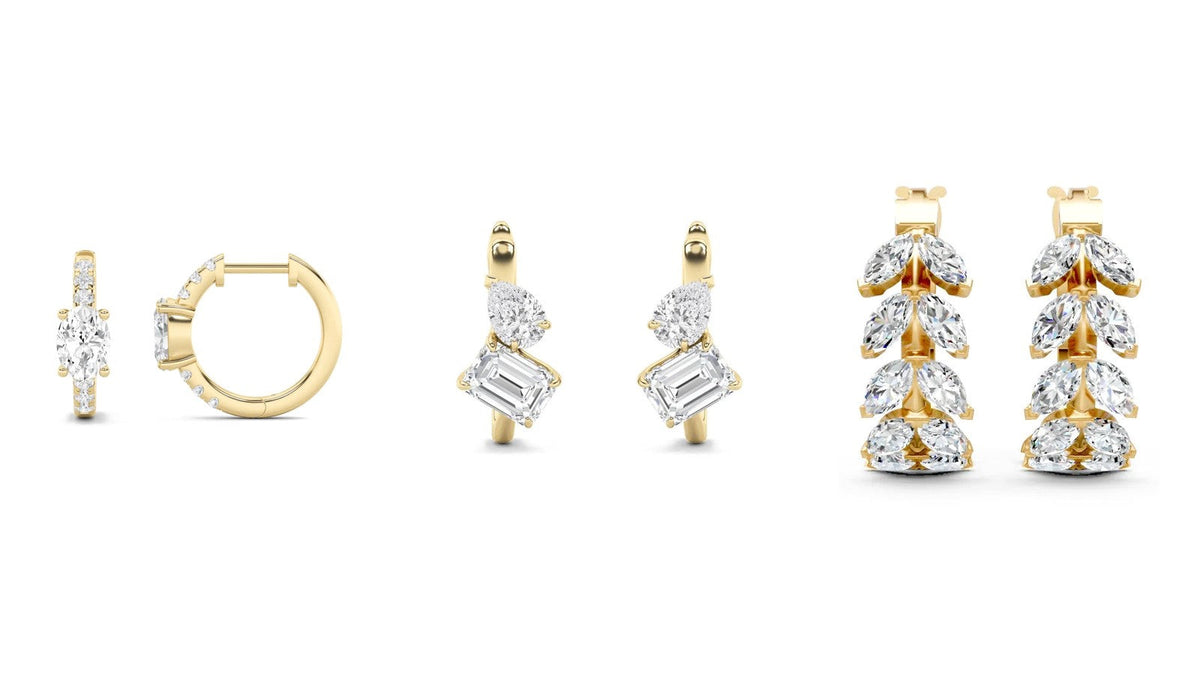 Nivara lab grown diamond hoops: oval centre hoops, toi et moi hoops and marquise Goldenhour hoops
