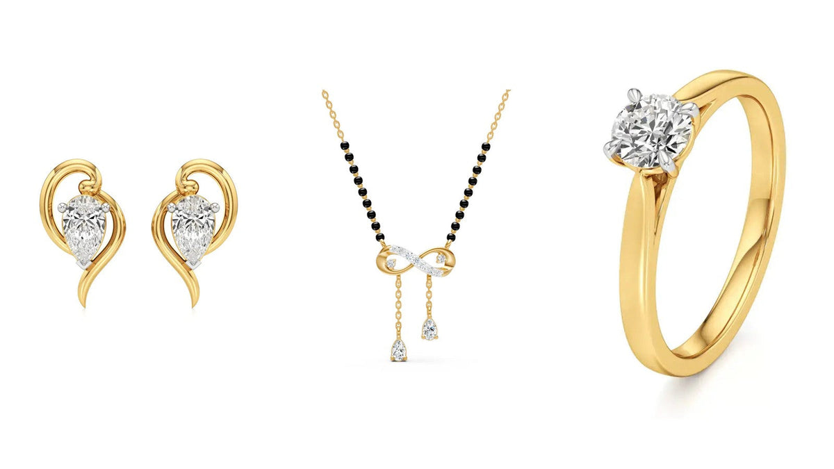 Nivara lab grown diamond Karwa Chauth gifts: pear studs, a mangalsutra and a solitaire ring