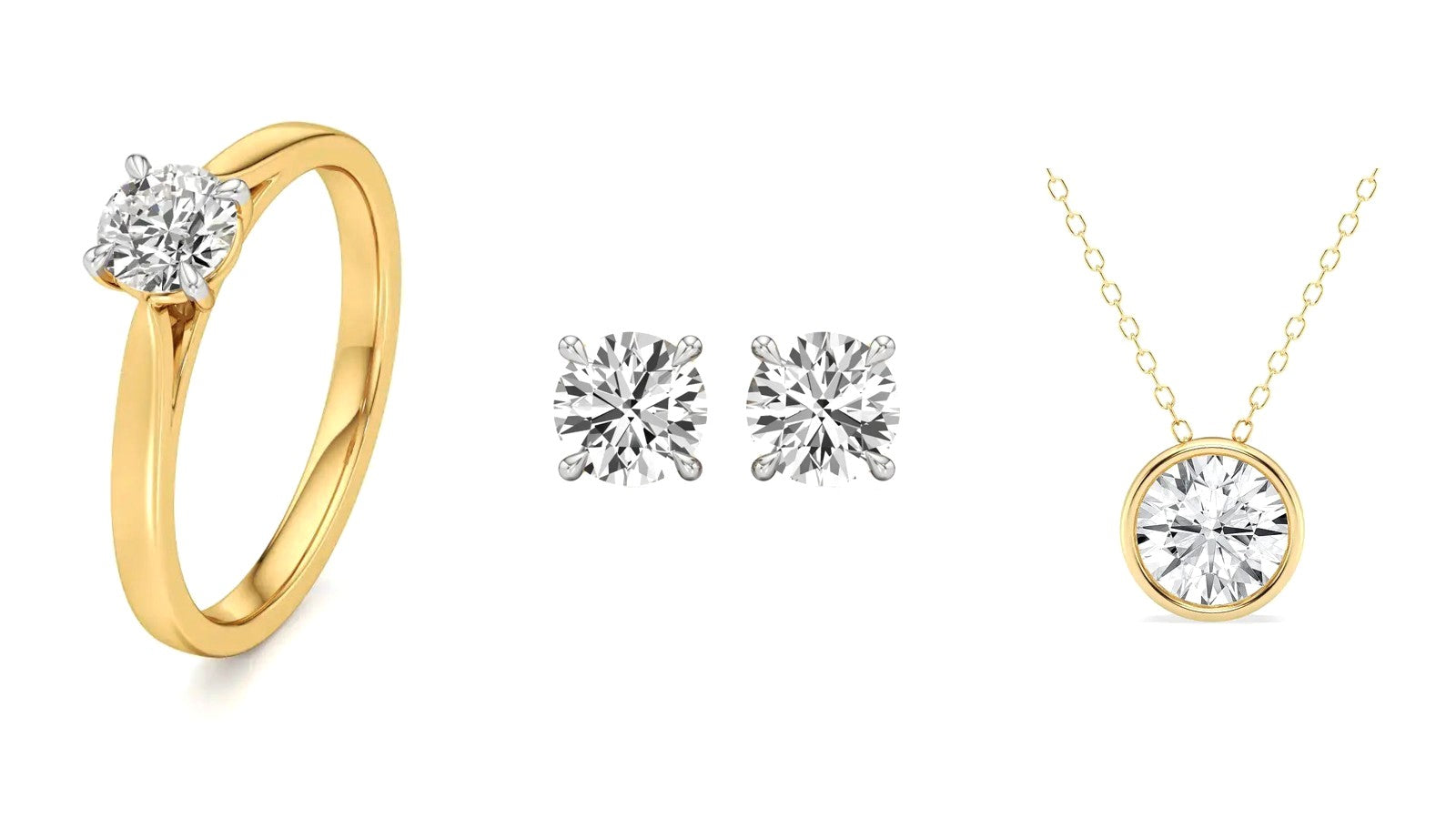 Nivara lab grown diamond solitaire ring, stud earrings and pendant, priced from the diamond at ₹50,000 per carat