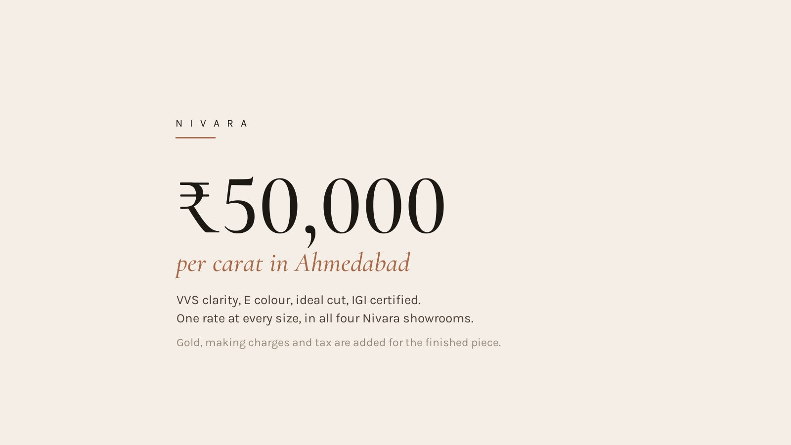 Lab grown diamond price in Ahmedabad: ₹50,000 per carat at Nivara, VVS clarity, E colour, IGI certified