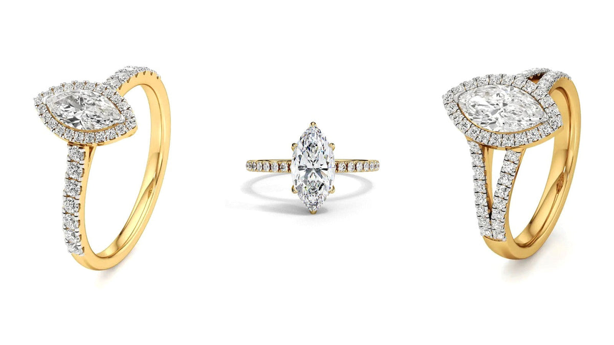 Three Nivara marquise lab grown diamond engagement rings: a solitaire on a diamond band between two halo rings