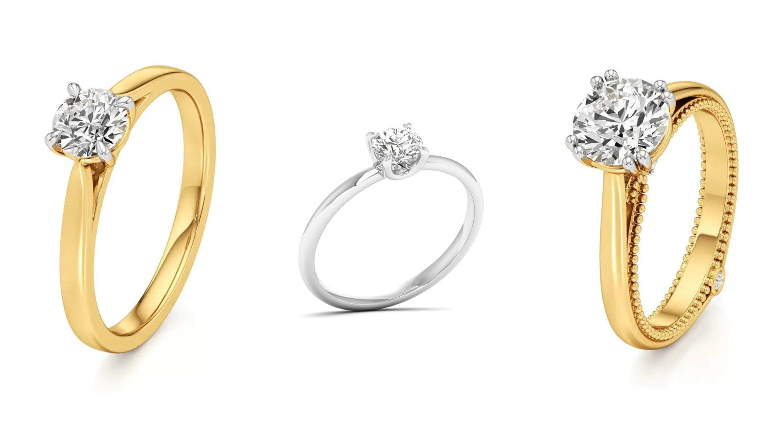 Three Nivara lab grown diamond solitaire rings: two round solitaires on slim bands and a larger round solitaire with a milgrain edged band