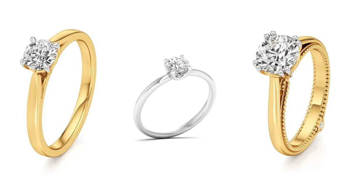 Three Nivara lab grown diamond solitaire rings: two round solitaires on slim bands and a larger round solitaire with a milgrain edged band