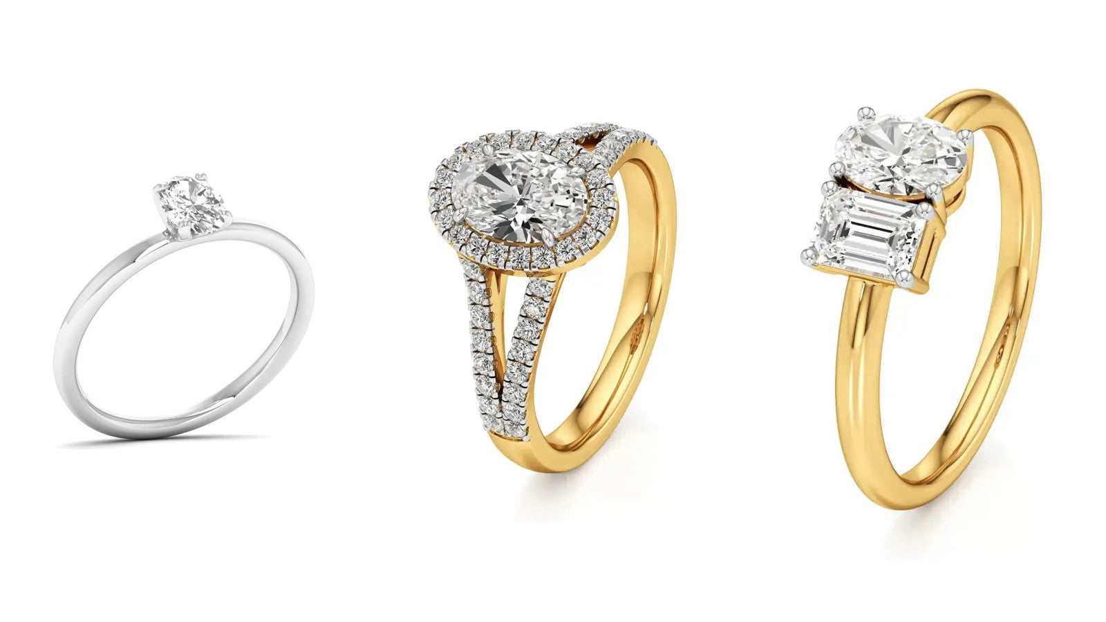 Three Nivara oval lab grown diamond engagement rings: a solitaire, a halo and a toi et moi