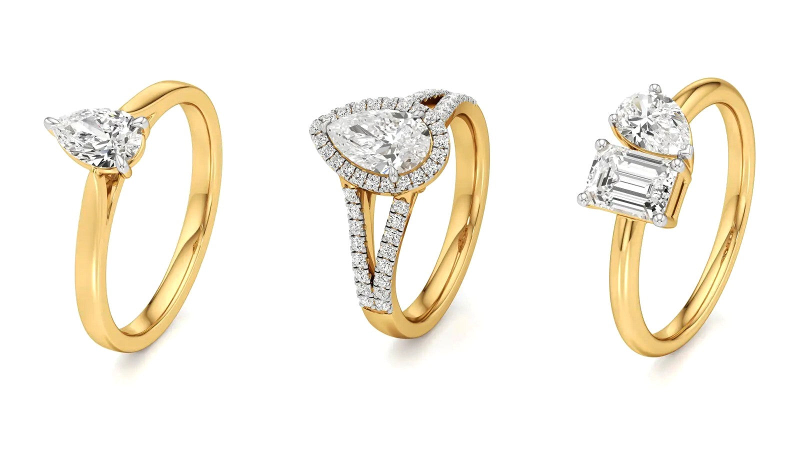 Three Nivara pear cut lab grown diamond engagement rings: a solitaire, a halo and a toi et moi