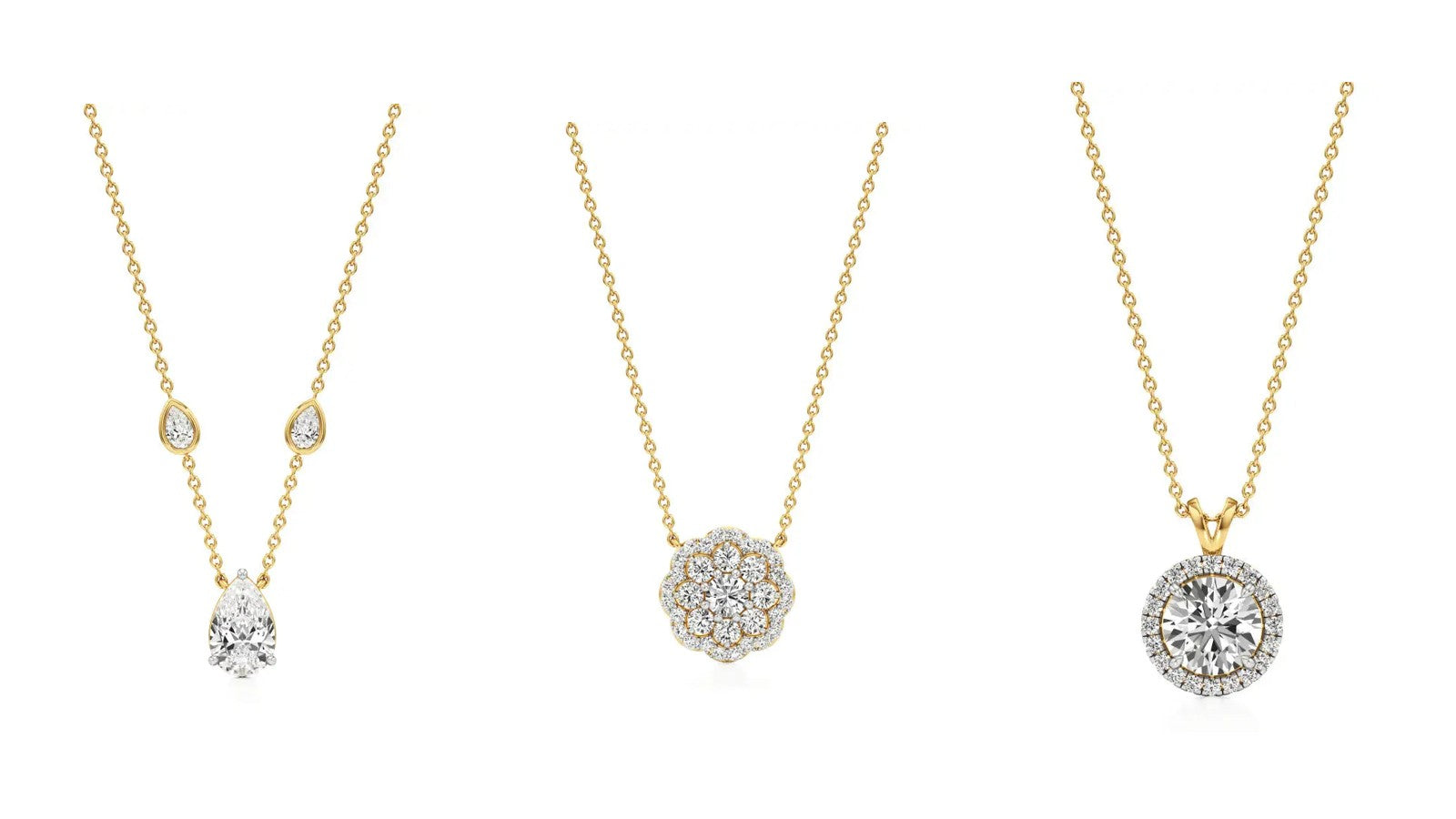 Nivara lab grown diamond pendants: a pear solitaire, a round cluster and a round halo