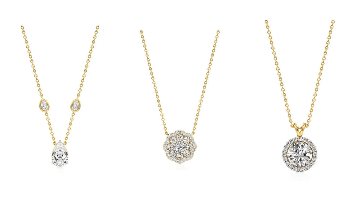 Nivara lab grown diamond pendants: a pear solitaire, a round cluster and a round halo