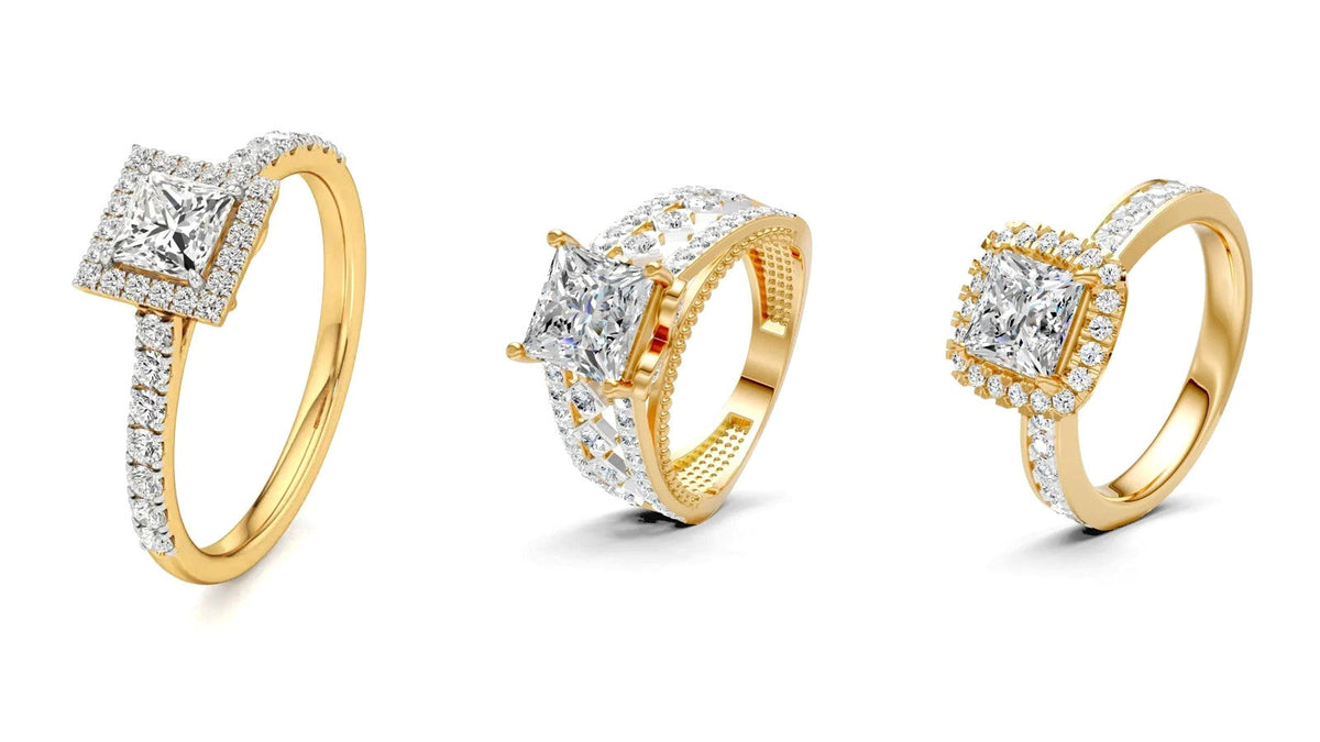Three Nivara princess cut lab grown diamond engagement rings: two halos and a large princess on a diamond band