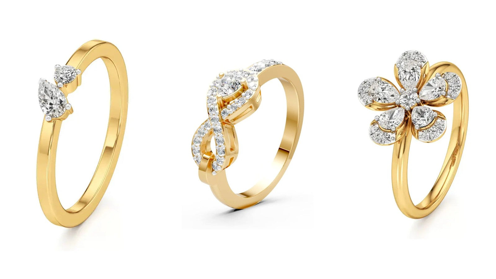 Three Nivara lab grown diamond promise rings: a two stone pear ring, an infinity ring and a flower ring