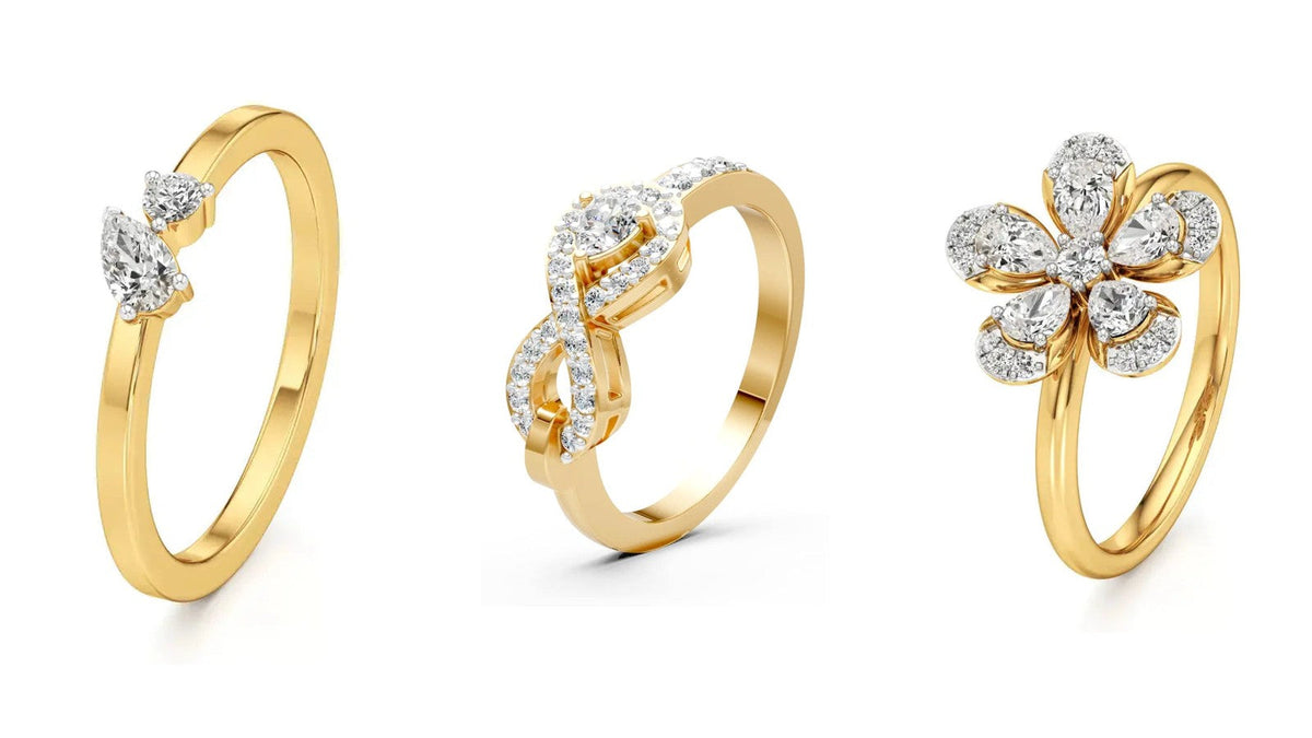 Three Nivara lab grown diamond promise rings: a two stone pear ring, an infinity ring and a flower ring