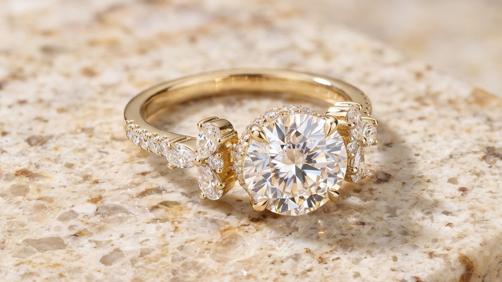 A round diamond ring on a terrazzo surface in warm light