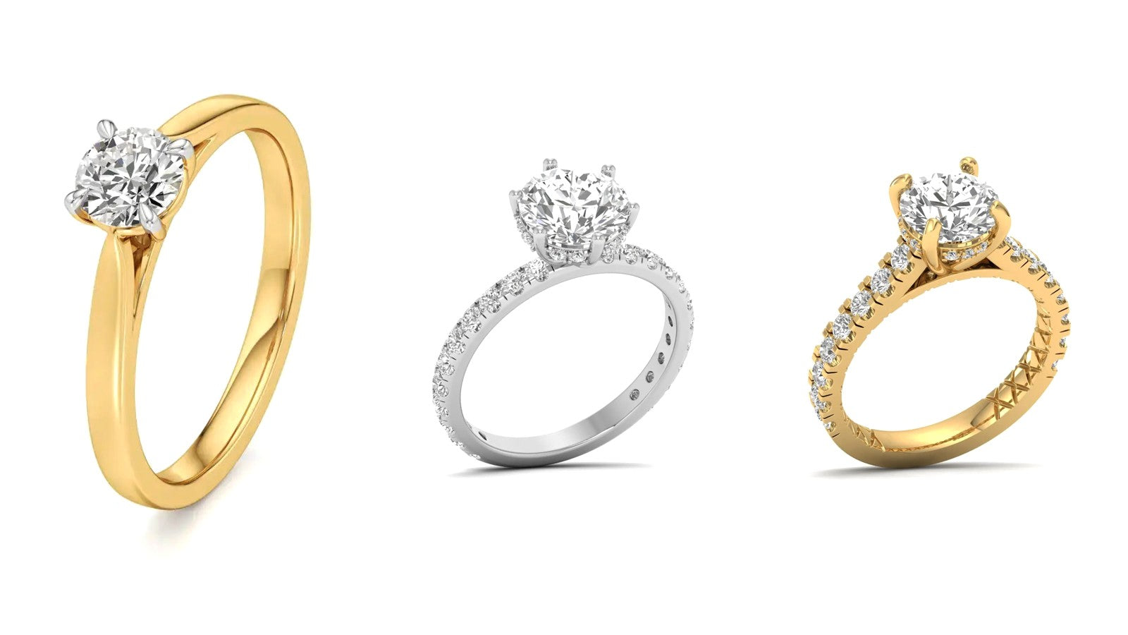 Three Nivara lab grown diamond solitaire rings: four prongs, six prongs and tall prongs with diamond shoulders
