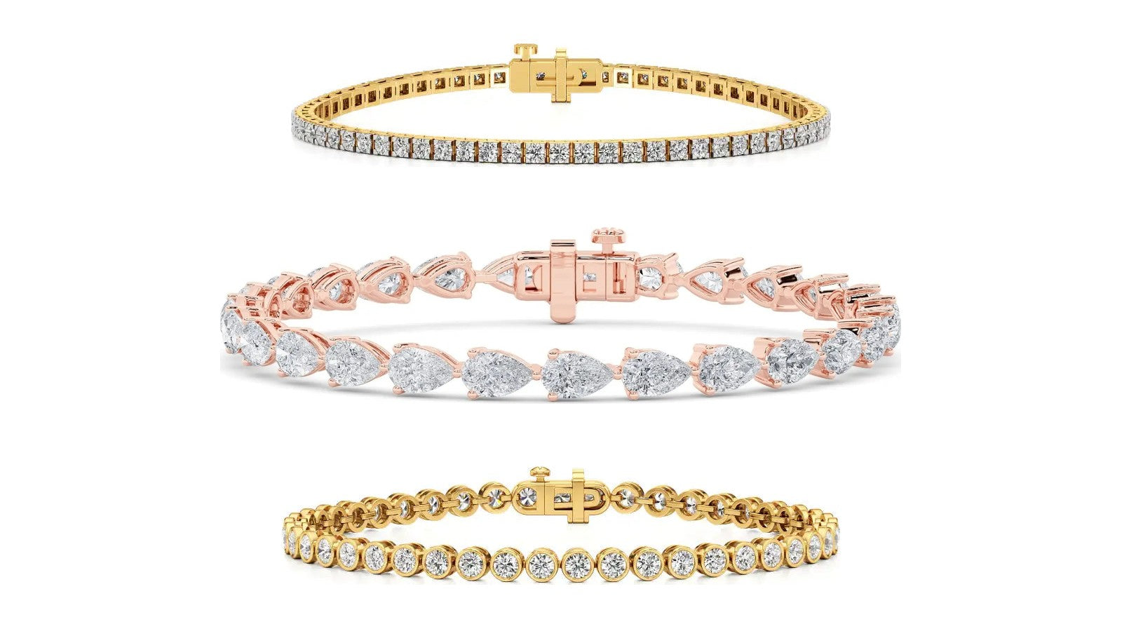 Three Nivara lab grown diamond tennis bracelets: a four prong round line, a pear line in rose gold and a bezel set round line