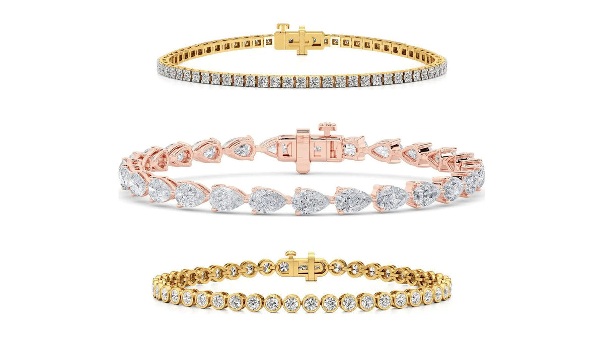 Three Nivara lab grown diamond tennis bracelets: a four prong round line, a pear line in rose gold and a bezel set round line